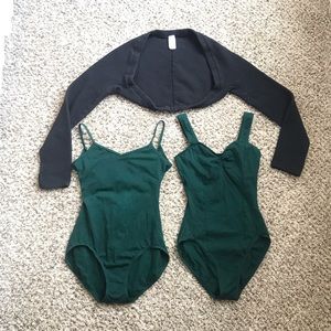 Capezio 2 green leotards & black fleece bolero M